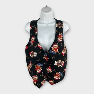 All Over Print Black Christmas Teddy Santa Bear Patterned Holidays Vest Medium